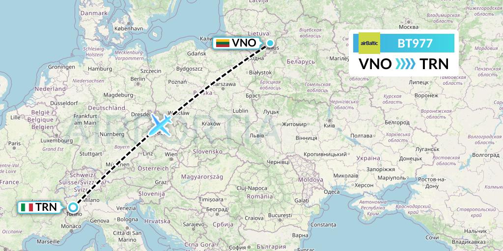BT977 Air Baltic Flight Map: Vilnius to Turin