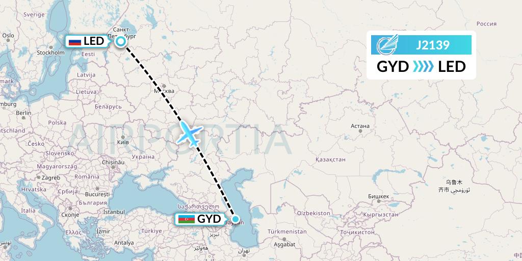 J2139 Azerbaijan Airlines Flight Map: Baku to St. Petersburg