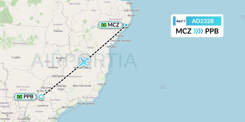 AD2328 Azul Brazilian Airlines Flight Map: Maceio to Presidente Prudente