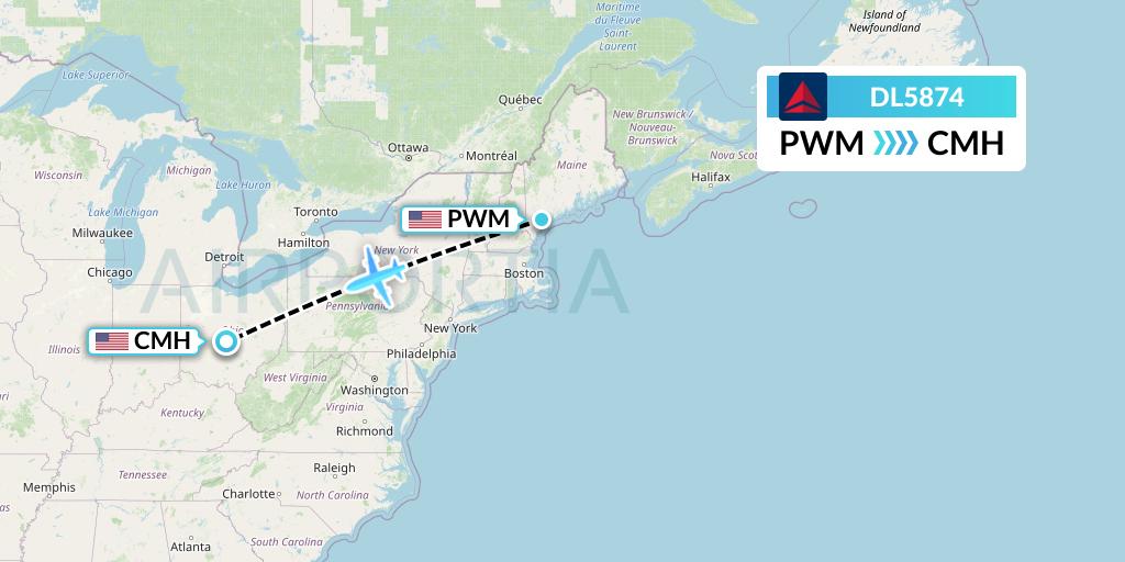 DL5874 Delta Air Lines Flight Map: Portland to Columbus