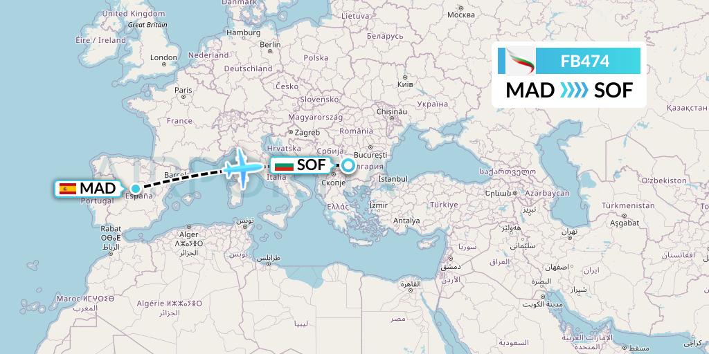 FB474 Bulgaria Air Flight Map: Madrid to Sofia