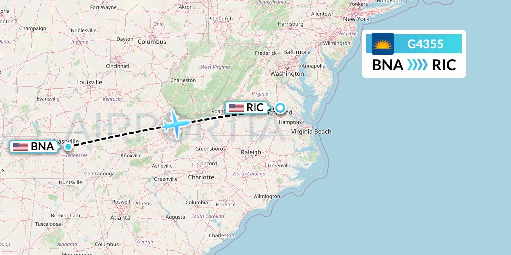 G4355 Allegiant Air Flight Map: Nashville to Richmond