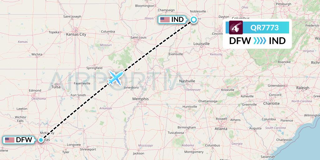 QR7773 Qatar Airways Flight Map: Dallas to Indianapolis