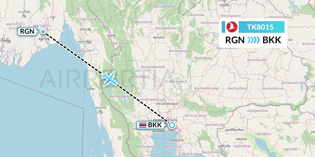 TK8015 Turkish Airlines Flight Map: Yangon to Bangkok