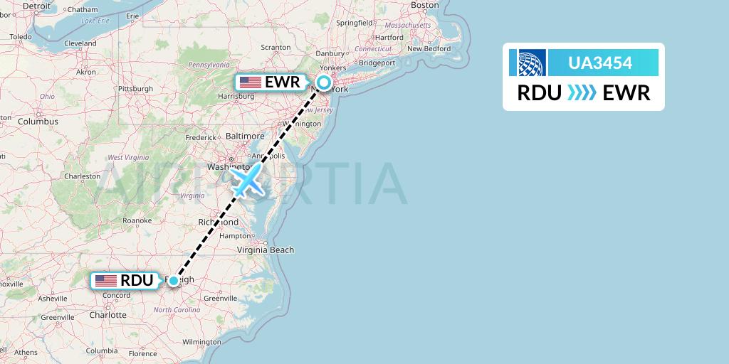 UA3454 United Airlines Flight Map: Raleigh-Durham to New York