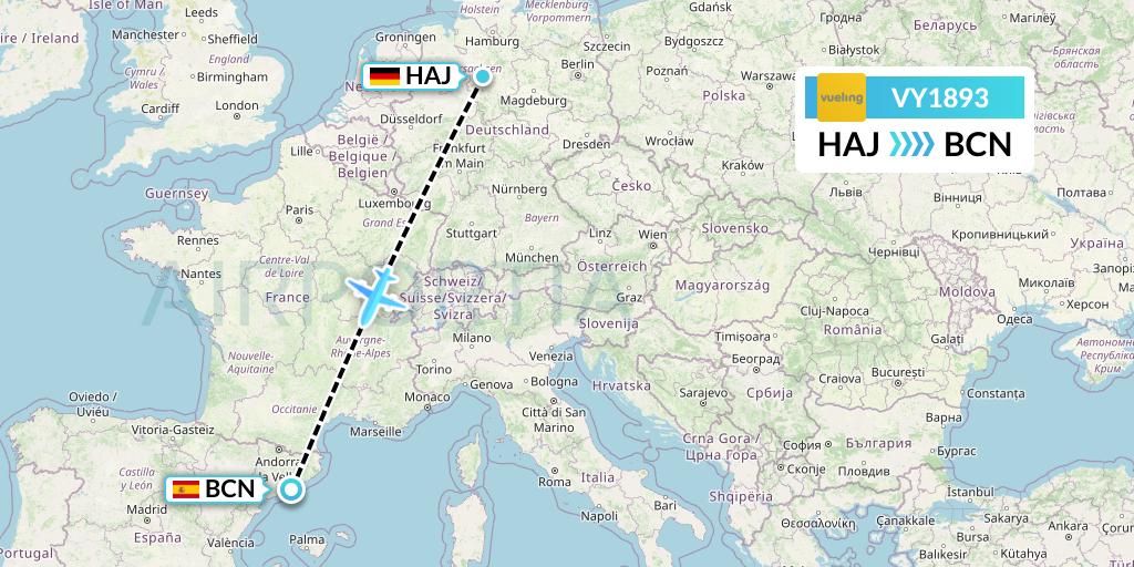 VY1893 Vueling Flight Map: Hannover to Barcelona