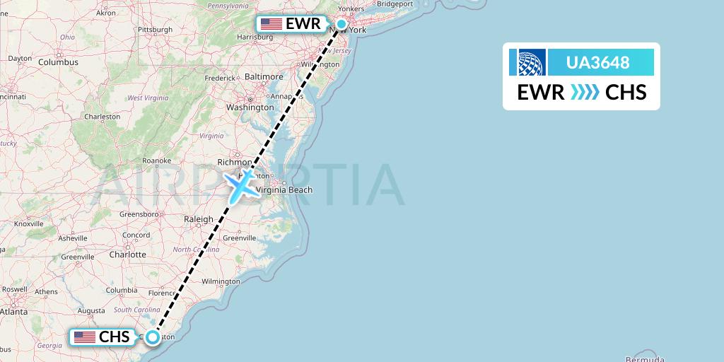 UA3648 United Airlines Flight Map: New York to Charleston