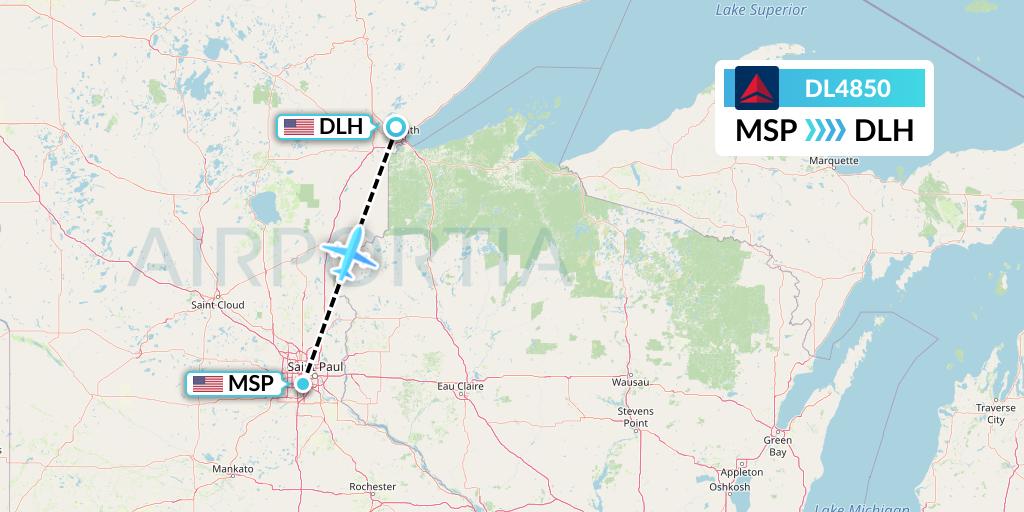 DL4850 Delta Air Lines Flight Map: Minneapolis to Duluth