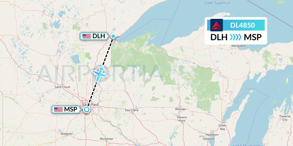 DL4850 Delta Air Lines Flight Map: Duluth to Minneapolis