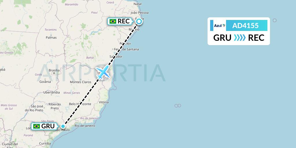 AD4155 Azul Brazilian Airlines Flight Map: Sao Paulo to Recife
