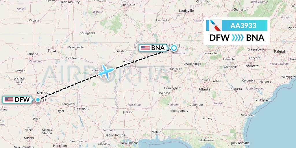 AA3933 American Airlines Flight Map: Dallas to Nashville