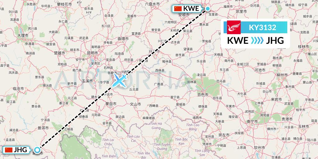 KY3132 Kunming Airlines Flight Map: Guiyang to Jinghong
