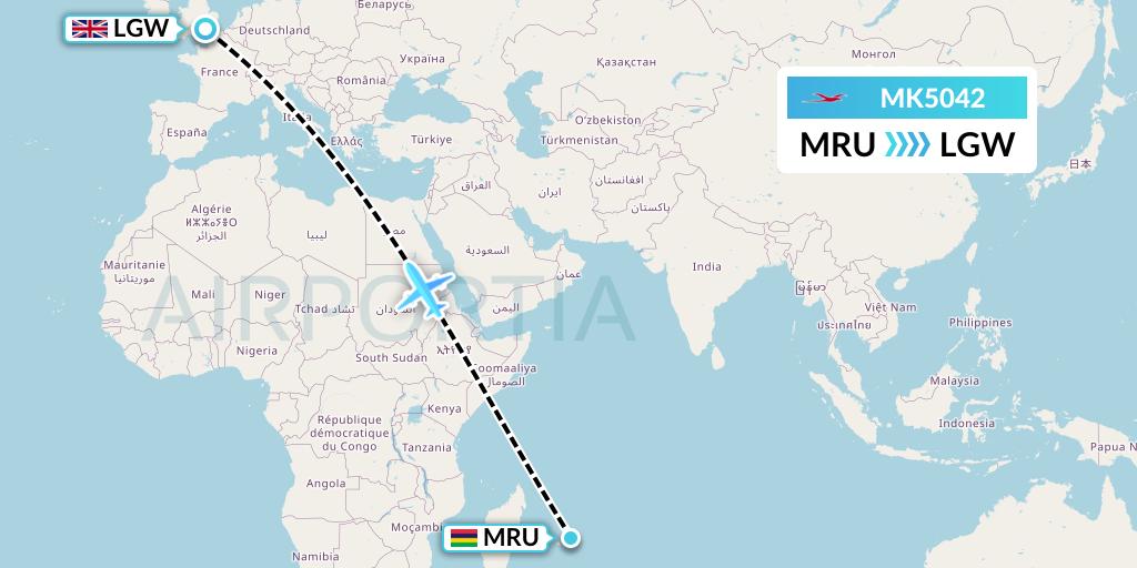 MK5042 Air Mauritius Flight Map: Port Louis to London