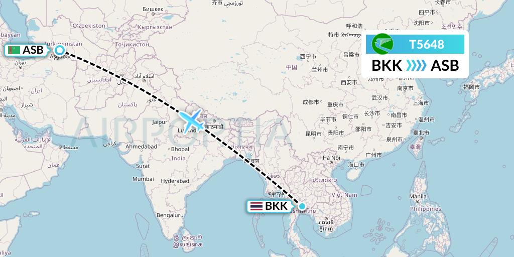 T5648 Turkmenistan Airlines Flight Map: Bangkok to Ashgabat