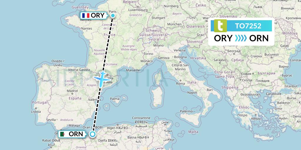 TO7252 Transavia France Flight Map: Paris to Oran