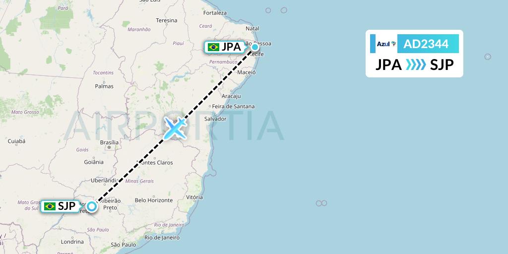 AD2344 Azul Brazilian Airlines Flight Map: Joao Pessoa to Sao Jose Do Rio Preto