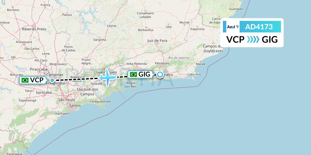 AD4173 Azul Brazilian Airlines Flight Map: Campinas to Rio de Janeiro