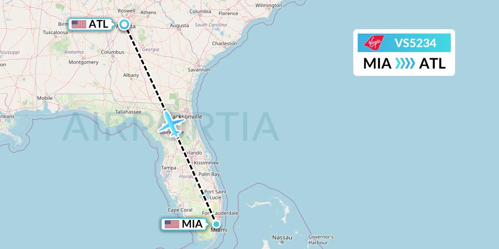 VS5234 Virgin Atlantic Airways Flight Map: Miami to Atlanta