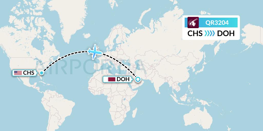QR3204 Qatar Airways Flight Map: Charleston to Doha