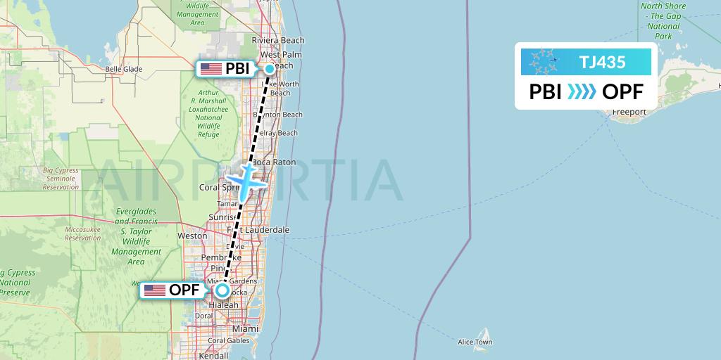 TJ435 Tradewind Aviation Flight Map: West Palm Beach to Miami