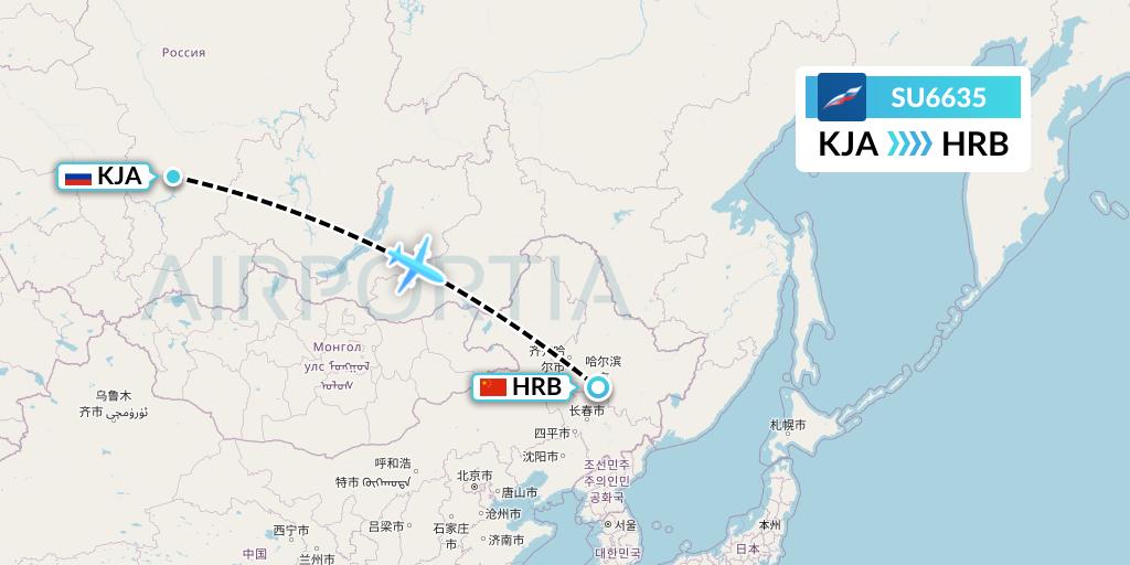 SU6635 Aeroflot Flight Map: Krasnoyarsk to Harbin