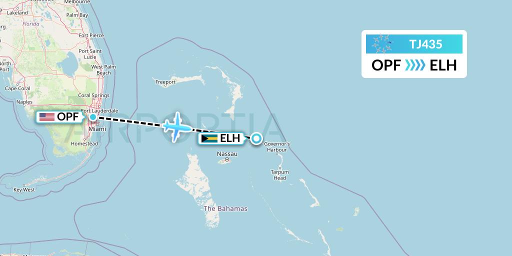 TJ435 Tradewind Aviation Flight Map: Miami to North Eleuthera