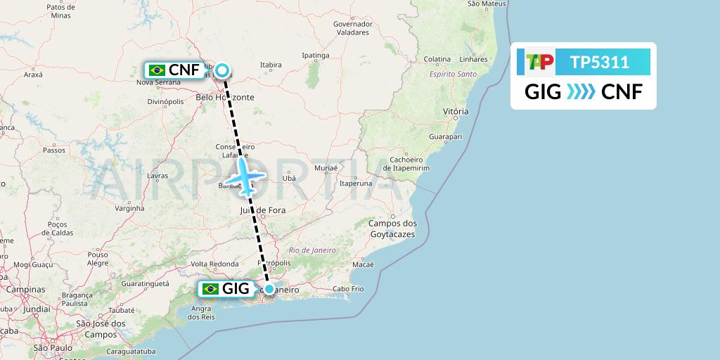 TP5311 TAP Portugal Flight Map: Rio de Janeiro to Belo Horizonte