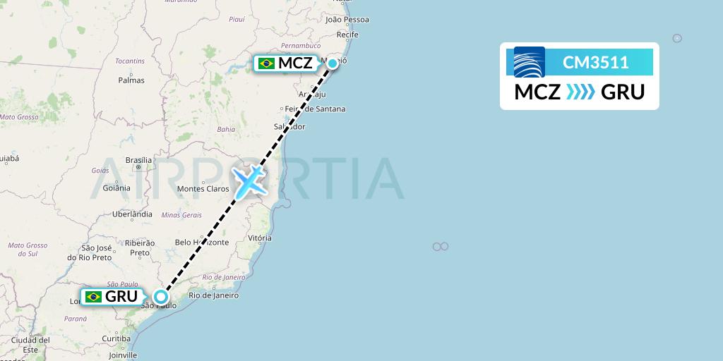 CM3511 Copa Airlines Flight Map: Maceio to Sao Paulo