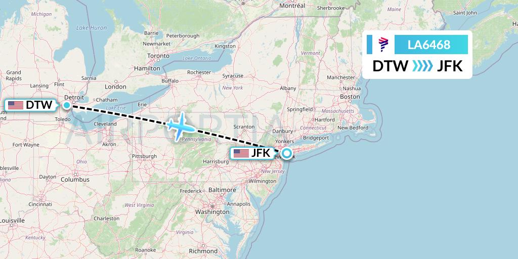 LA6468 LAN Airlines Flight Map: Detroit to New York