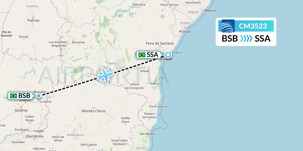 CM3523 Copa Airlines Flight Map: Brasilia to Salvador