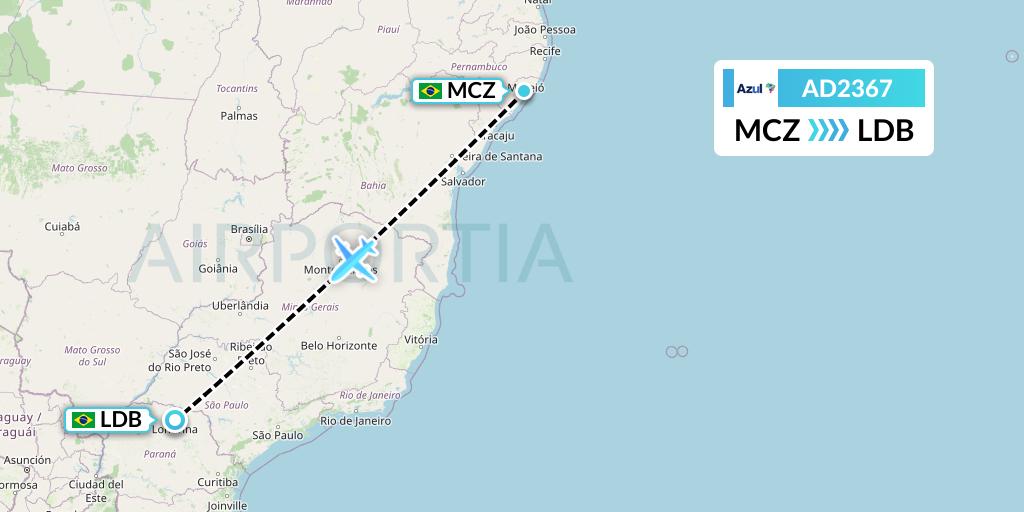 AD2367 Azul Brazilian Airlines Flight Map: Maceio to Londrina
