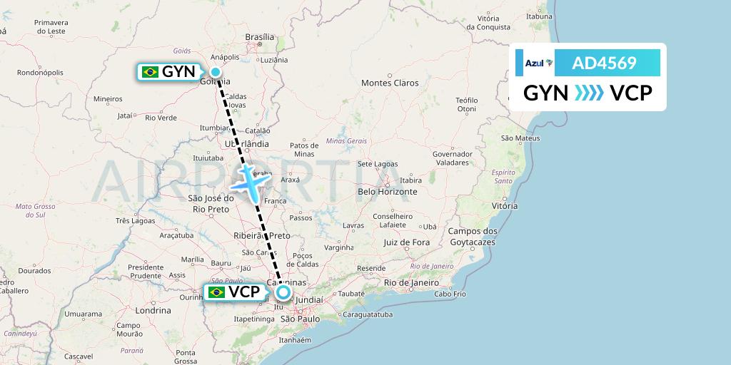 AD4569 Azul Brazilian Airlines Flight Map: Goiania to Campinas