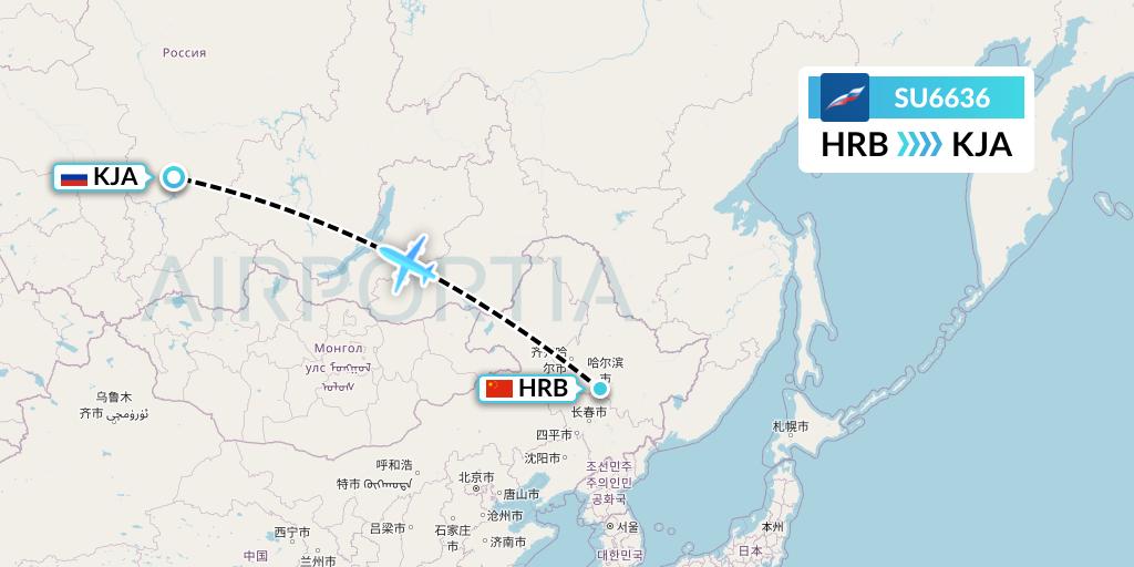 SU6636 Aeroflot Flight Map: Harbin to Krasnoyarsk