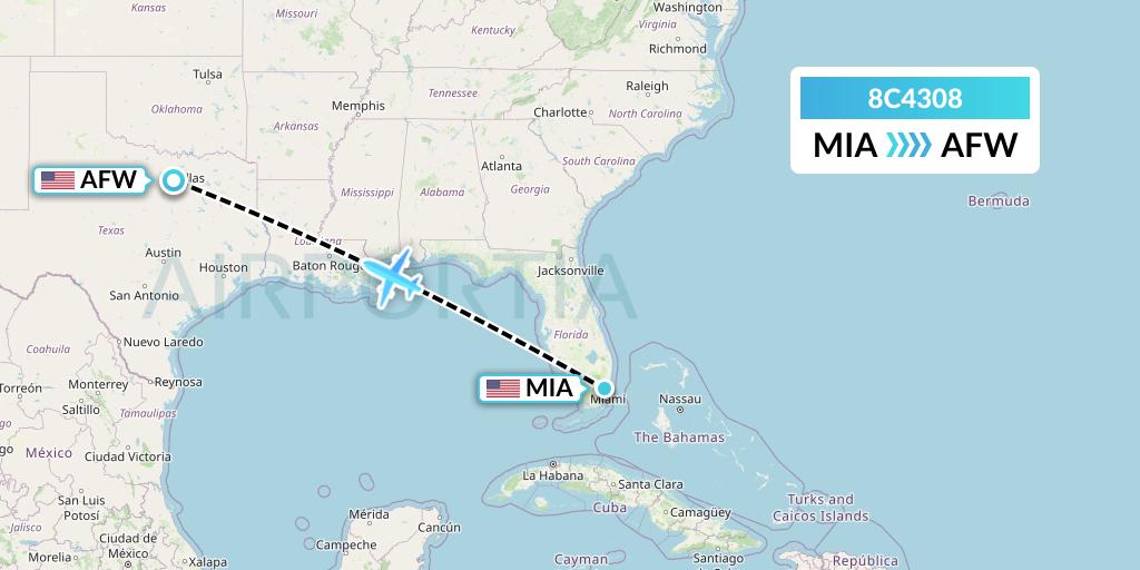 8C4308 Air Transport International Flight Map: Miami to Fort Worth