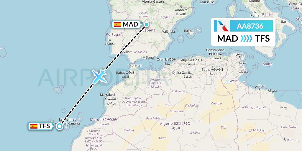 AA8736 American Airlines Flight Map: Madrid to Tenerife