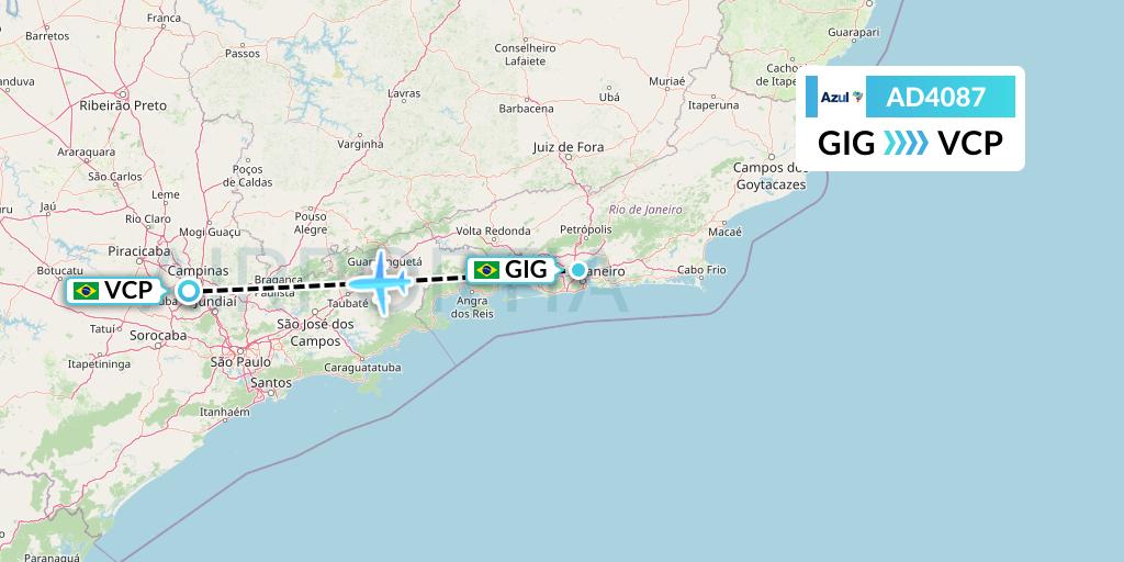 AD4087 Azul Brazilian Airlines Flight Map: Rio de Janeiro to Campinas