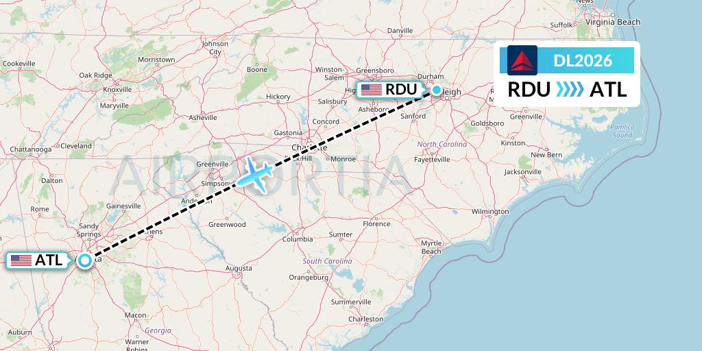 DL2026 Delta Air Lines Flight Map: Raleigh-Durham to Atlanta