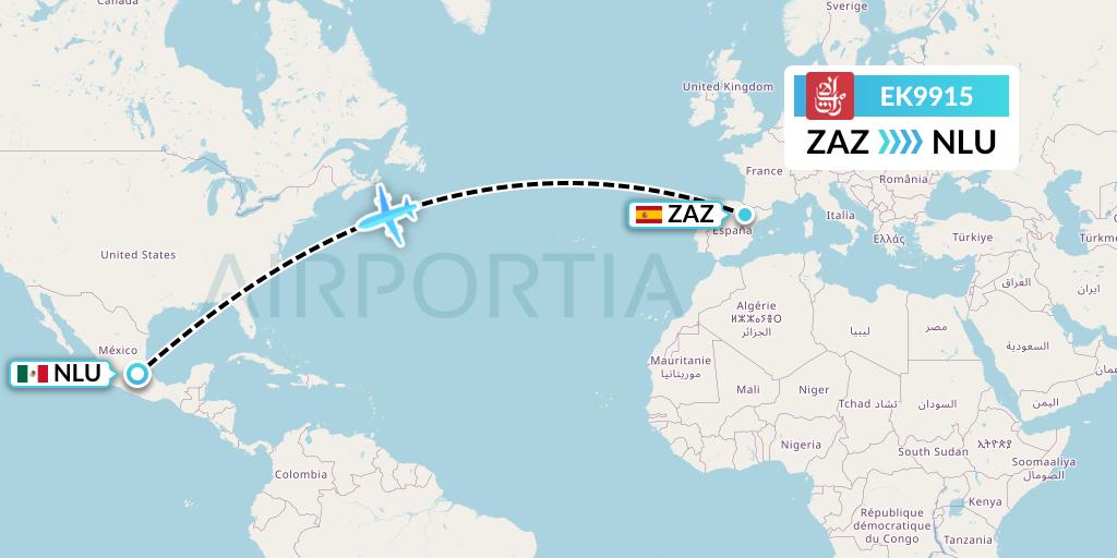 EK9915 Emirates Flight Map: Zaragoza to Reyes Acozac