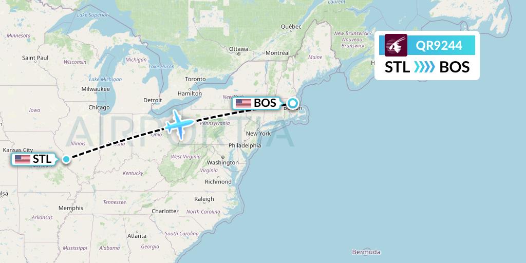 QR9244 Qatar Airways Flight Map: St. Louis to Boston