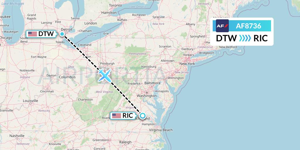 AF8736 Air France Flight Map: Detroit to Richmond