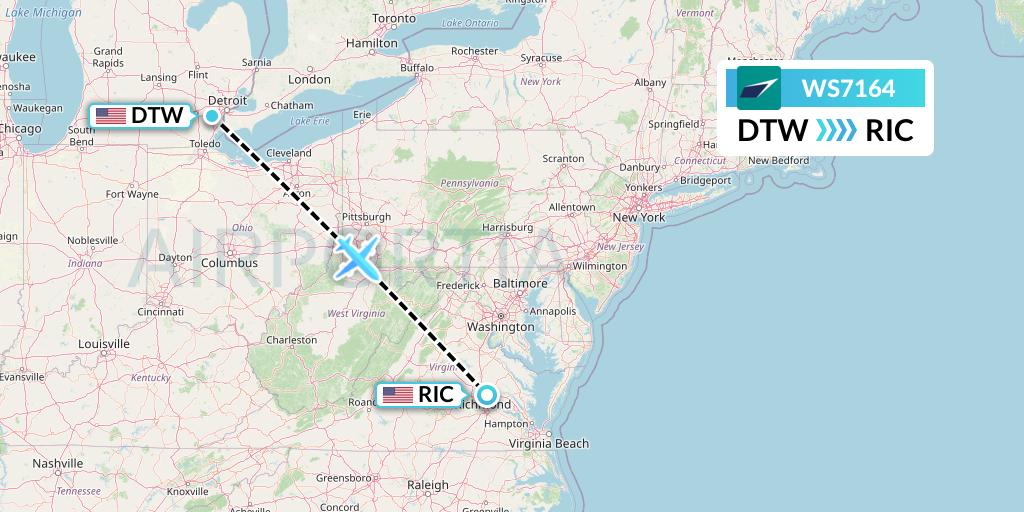 WS7164 WestJet Flight Map: Detroit to Richmond