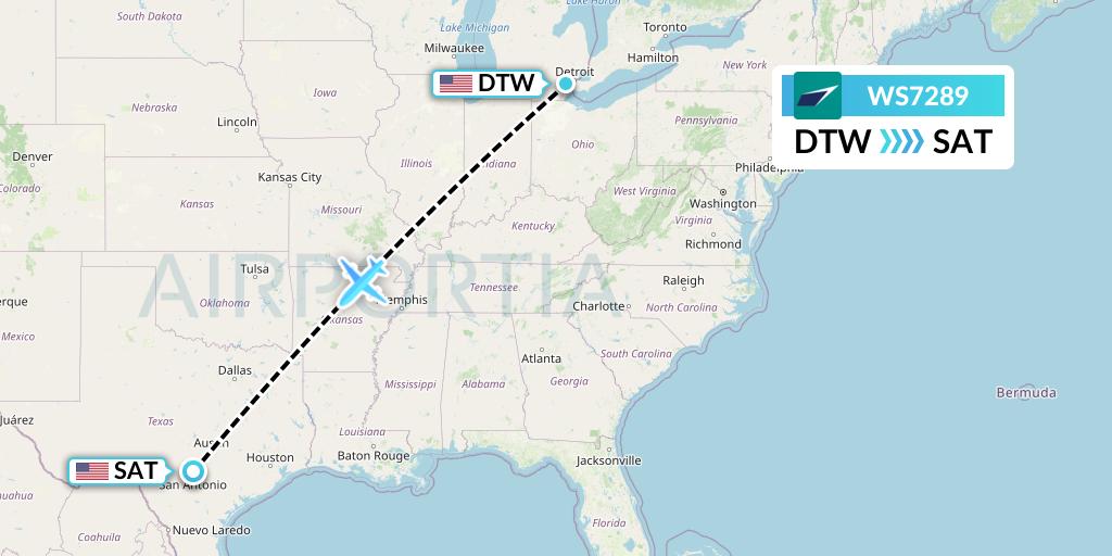 WS7289 WestJet Flight Map: Detroit to San Antonio