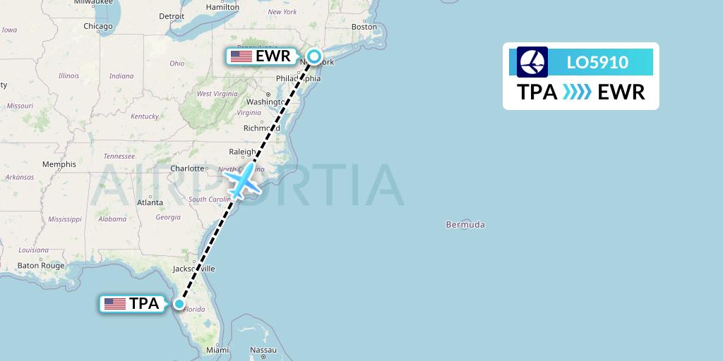 LO5910 LOT Flight Map: Tampa to New York