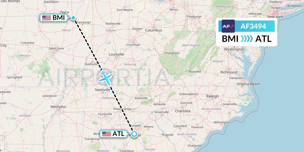 AF3494 Air France Flight Map: Bloomington to Atlanta
