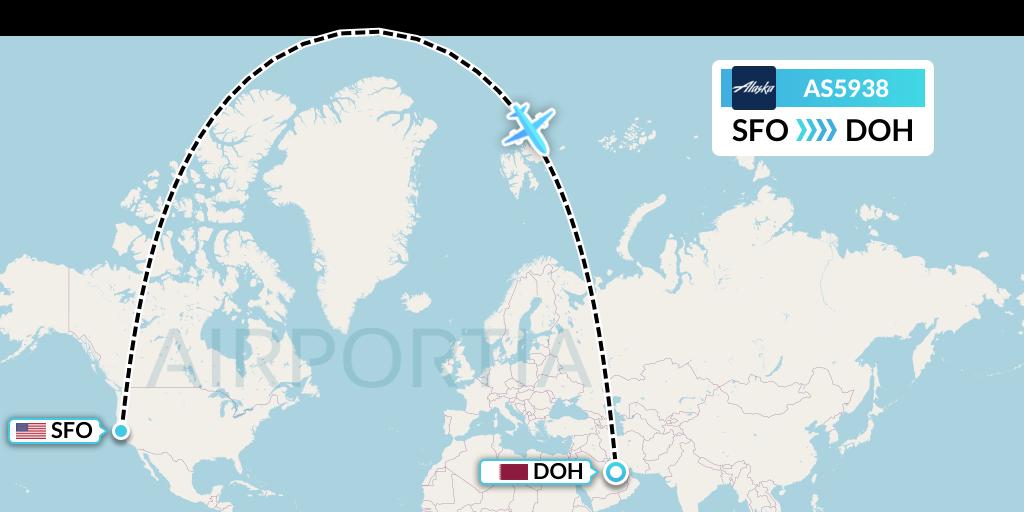 AS5938 Alaska Airlines Flight Map: San Francisco to Doha