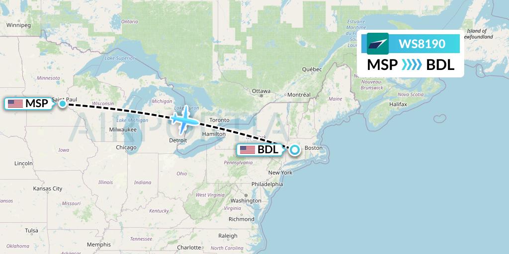 WS8190 WestJet Flight Map: Minneapolis to Windsor Locks
