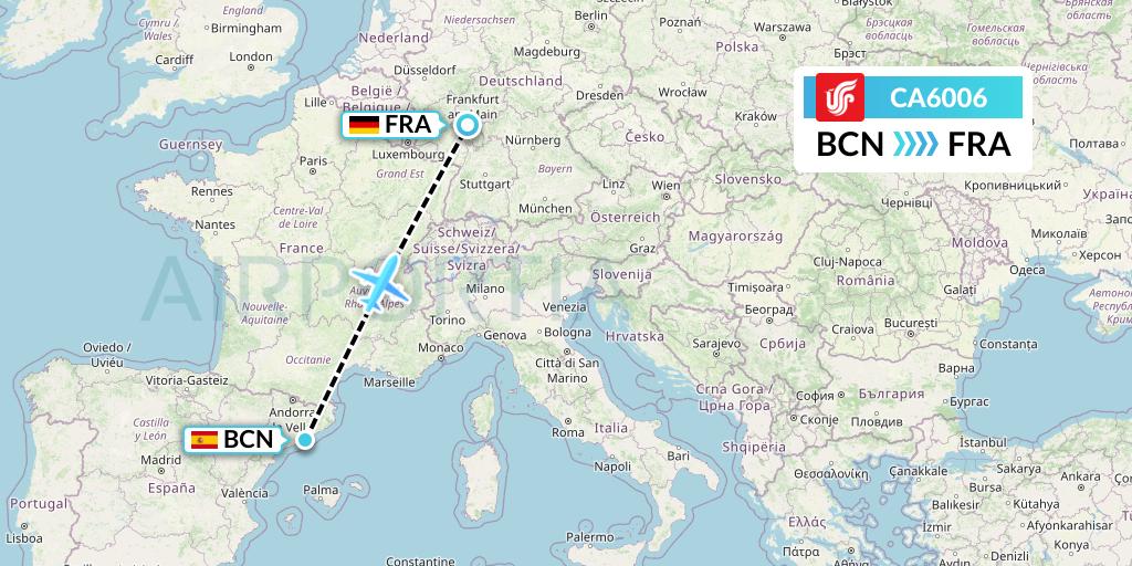 CA6006 Air China Flight Map: Barcelona to Frankfurt