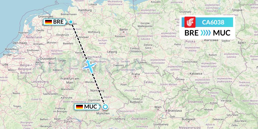 CA6038 Air China Flight Map: Bremen to Munich
