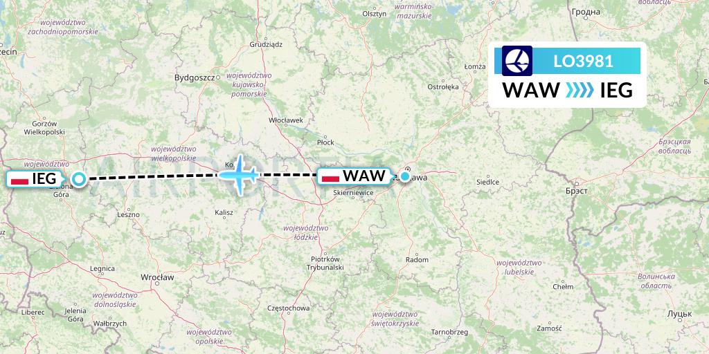 LO3981 LOT Flight Map: Warsaw to Zielona Gora