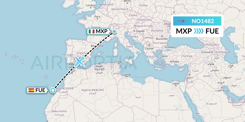 NO1482 Neos Flight Map: Milan to Fuerteventura